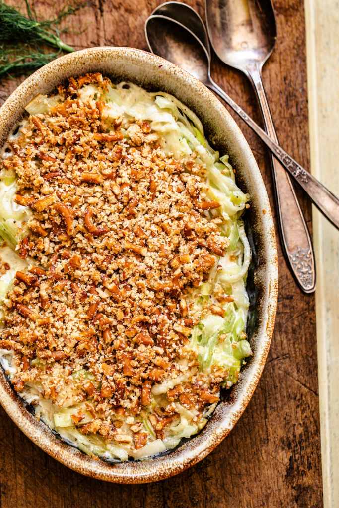 New! Fennel and leek casserole (with a buttery pretzel topping)